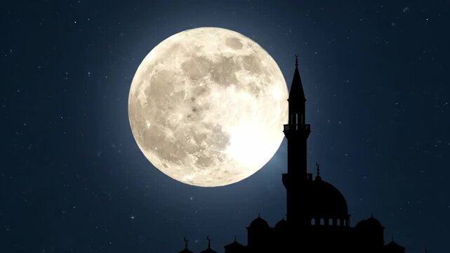 Moon rising and setting behind a mosque silhouette against a starry night sky for Ramadan and Eid celebration.