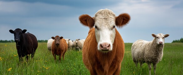 Obraz premium Cattle and sheep graze peacefully sharing a serene moment in the lush pasture field.
