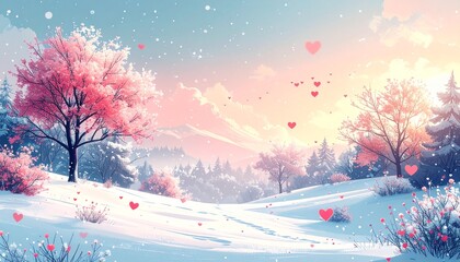 バレンタインの可愛い背景：ハートが舞う雪原とピンクの木々、パステルカラーの幻想的なイラスト