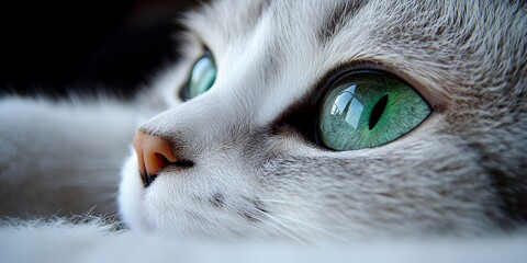 Beautiful American Shorthair Cat Portrait with Striking Emerald Eyes and Soft White Fur Background