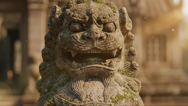 Stone guardian foo dog statue standing in weathered ancient temple in sun, chinese culture and protection concept.