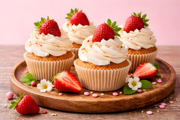tasty cup cakes with strawberries and cream
