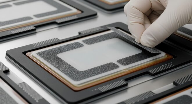 Detailed view of catalyst layers and membrane electrode assemblies arranged meticulously during hydrogen fuelcell stack production.