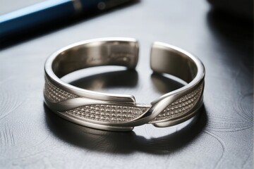 Silver cuff bracelet with textured woven design on dark surface