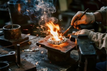 A blacksmith heats a metal ring with a torch, producing sparks and flames in a workshop setting.