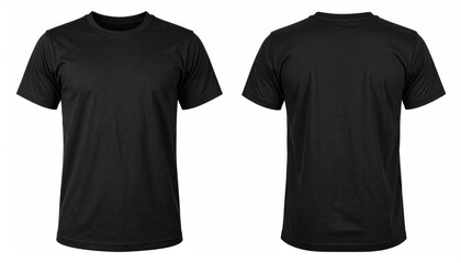 Black t shirt front and back view, isolated on white background. Ready for your mock up design template 
