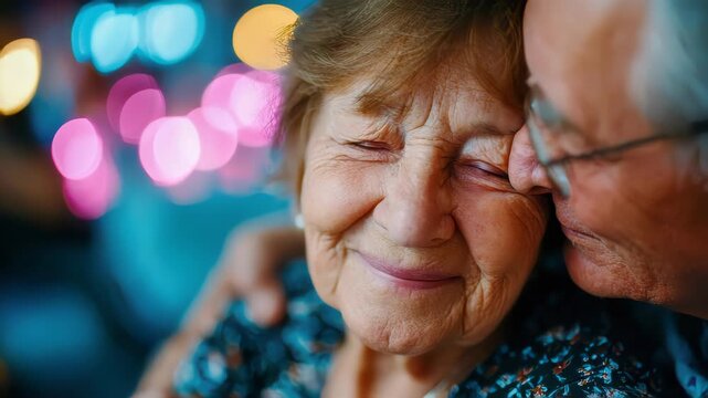 Close-up of an elderly couple sharing an intimate and emotional moment, expressing love, trust, and lifelong companionship in a warm evening atmosphere