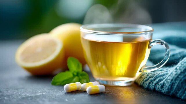 Hot lemon tea with capsules on a dark table, concept of cold treatment and immunity support