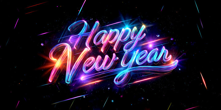 Dynamic 3D Neon Happy New Year Typography with Vibrant Pink and Blue Light Trails - Powered by Adobe