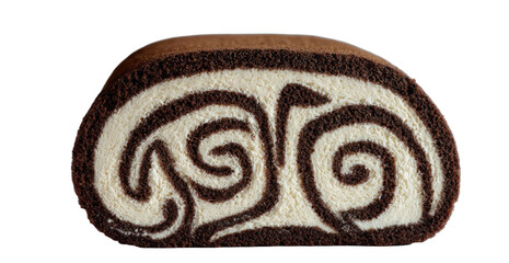 Decadent chocolate cake roll swirled with creamy white filling on black background