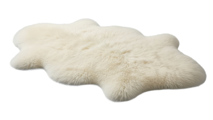 Soft fluffy sheepskin rug placed on the floor for cozy texture isolated on white background