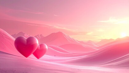 幻想的なピンクの風景と2つのハート：バレンタインやホワイトデーに最適なロマンチックな背景