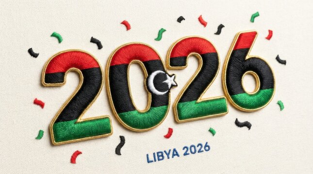polished libya 2026 made of 3d embroidered fabric digits with flag motif on plain white background bold 3d celebratory number design perfect for new year posters cards and social media templates