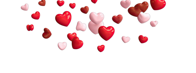 A collection of glossy hearts in red, pink, and brown against a black background