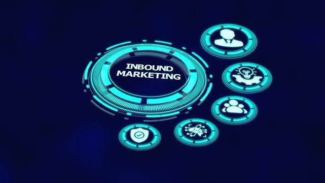 Inbound marketing strategy with digital analytics dashboard, content attraction icons and customer lead generation system.