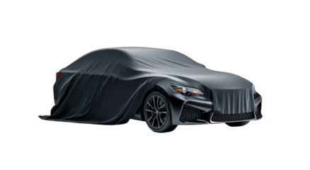 Sleek modern vehicle draped in dark fabric, hinting at its form