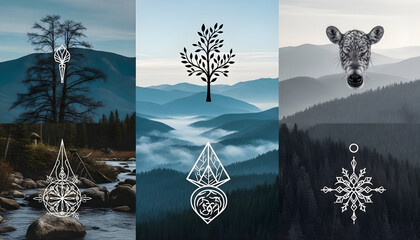 Christmas tree in snowy winter forest landscape with pine trees and mountains