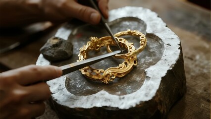 Artisan crafting intricate gold jewelry using hand tools on a stone work surface