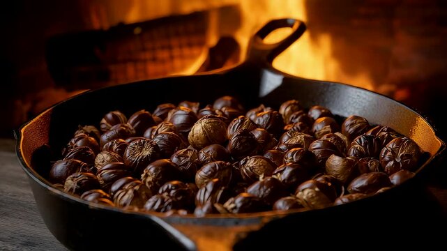 Roasted chestnuts cooking in cast iron pan over warm firelight, rustic autumn food scene highlighting texture, aroma and traditional cooking