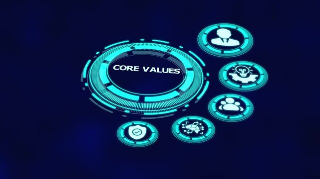 Core values concept with digital corporate interface, ethical principle icons and organizational culture alignment system.