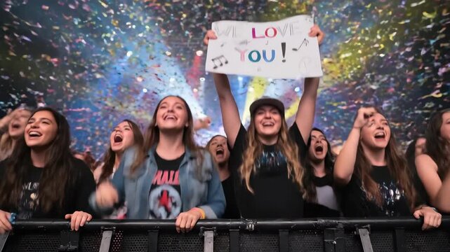 Excited fan girls cheering at music concert with confetti falling and holding we love you sign
