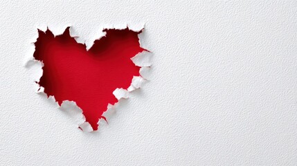 Broken heart. Heart-shaped tear in white wall reveals vibrant red color underneath, symbolizing broken heart concept, representing emotions of love and loss in a creative visual expression
