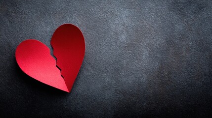 Broken heart. Broken red heart symbolizing heartbreak, placed on a textured dark surface, conveying emotions of loss, sadness, and the concept of love gone wrong in a visually striking manner