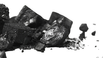 A dark, abstract composition of rough, fragmented mineral-like shapes