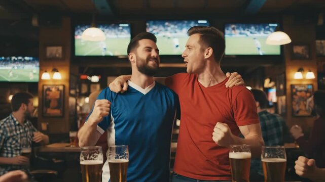 Two men cheering and celebrating passionately while watching a sport game in a pub with friends, drinking beer for fan culture