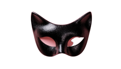 A textured black cat mask with pink interior, against a dark background