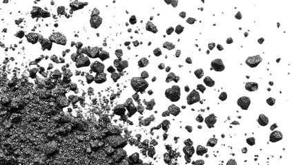 Dark, rocky debris particles scattered across a black, void-like background