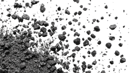 Dark, rocky debris particles scattered across a black, void-like background