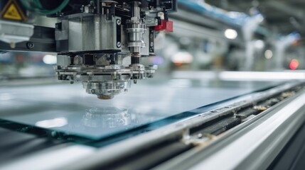 Fototapeta premium Medium shot focused on the precise machinery processing steelglass composites with anodizing treatments revealing the clear flawless finish of the hybrid layer.