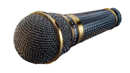 Ornate metallic microphone with gold accents on a dark textured handle
