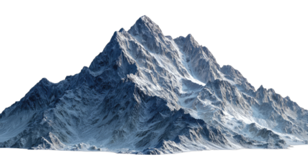 A snow-covered mountain peak with rugged, icy terrain and dramatic shadows