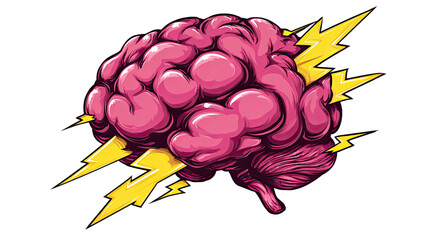 A vibrant pink brain, illuminated by bright yellow lightning bolts