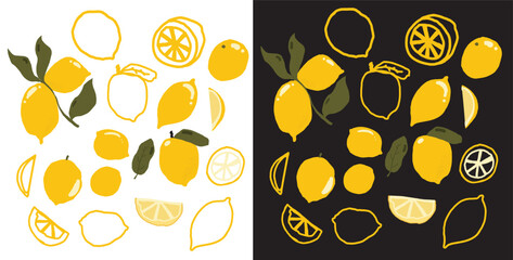Hand drawn lemon vector illustration set in a playful, minimal style. Collection of whole lemons, lemon slices, halves, outlines, and leaves in bright yellow colors.