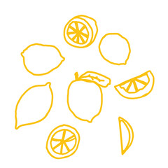 Hand drawn lemon vector illustration set in a playful, minimal style. Collection of whole lemons, lemon slices, halves, outlines, and leaves in bright yellow colors.