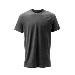 A plain, dark grey, short-sleeved t-shirt with a crew neck, isolated on a black background