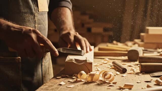 Woodworker carving wood with chisel