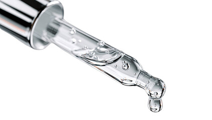 Closeup of a glass dropper with clear liquid, a drop about to fall
