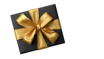 Elegant black gift box with a luxurious gold satin ribbon, isolated on black