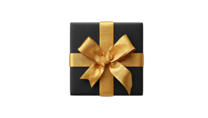 Elegant black gift box with shiny gold ribbon and bow on a black background