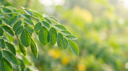 Close-up of vibrant green Moringa oleifera leaves adorned with delicate water droplets, glowing in the soft morning light against a natural bokeh background