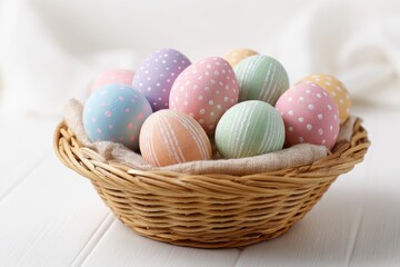 Wicker Easter basket filled with hand-painted pastel eggs on a clean white background