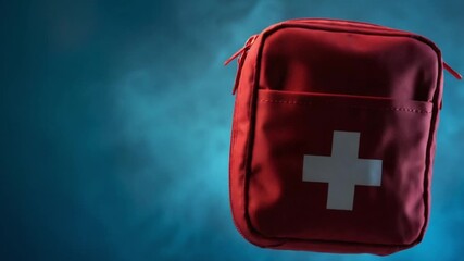 Red first aid kit with white cross emblem against a smoky blue background, symbolizing health and emergency preparedness.
