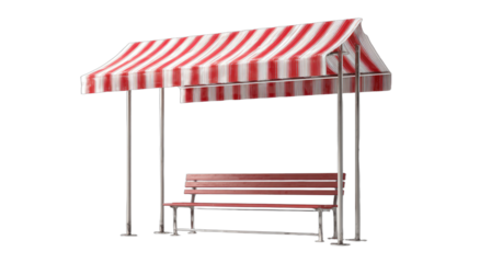 Red and white striped awning covers a wooden bench, offering outdoor seating