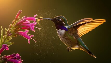Fototapeta premium A vibrant hummingbird delicately feeds on bright pink tubular flowers in sunlight