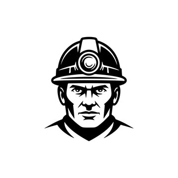 A strong black and white vector logo of a focused miner or construction worker wearing a hard hat with a headlamp, symbolizing hard work and industry.