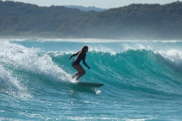 Woman surfing a curling turquoise wave under a clear blue sky